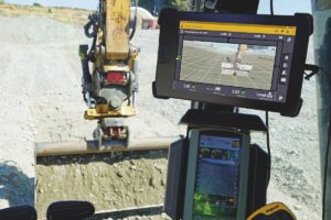 Trimble Earthworks machine control system installed on an excavator for precise grading and excavation